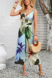 Printed V Neck Hollow Out Strappy Wide Leg Jumpsuit