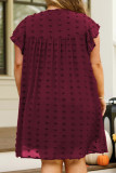 Burgundy Plus Size Swiss Dot Ruffled Sleeve V Neck Dress