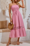 Plain Strapless Smocked Buttoned Maxi Dress