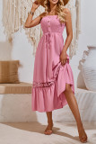 Plain Strapless Smocked Buttoned Maxi Dress