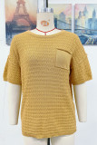 Plain Crochet Knit Pocket Short Sleeves Top
