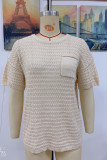 Plain Crochet Knit Pocket Short Sleeves Top