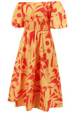Printed Off Shoulder Bubble Sleeves Maxi Dress