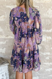 Purple Vintage Daisy Floral Puff Sleeve Ruffle Short Dress