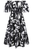 Printed Off Shoulder Bubble Sleeves Maxi Dress