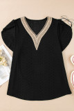 Black Guipure V Neck Plus Size Eyelet Embroidered Top
