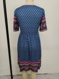 Vintage Retro V Neck Print Dress 