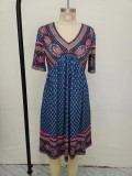 Vintage Retro V Neck Print Dress 