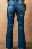 Washed Dark Blue Side Flare Jeans Pants