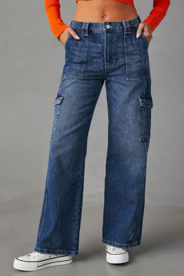 Washed Blue Side Pockets Wide Leg Denim Jeans Pants