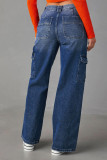 Washed Blue Side Pockets Wide Leg Denim Jeans Pants