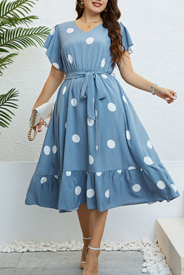 Blue Spot Print V Neck Plus Size Dress 