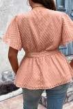 Pink Texture V Neck Plus Size Top With Sash