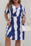 Blue Stripe V Neck Plus Size Dress