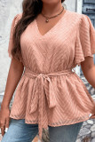 Pink Texture V Neck Plus Size Top With Sash