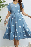 Blue Spot Print V Neck Plus Size Dress 