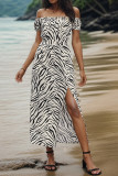 Zebra Print Off Shoulder Split Maxi Dress