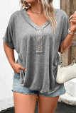 Gray Plus Size Buttoned V Neck Batwing Sleeve Top