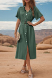 Army Green Turn Down Collar Buttoned Maxi Dress