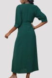 Dark Green V Neck Buttoned Maxi Dress With Sash