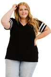 Black Plus Size Stripes Stitching Sleeve V Neck T-shirt
