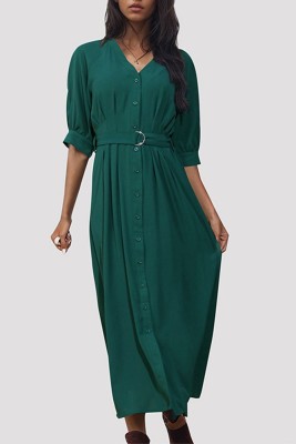 Dark Green V Neck Buttoned Maxi Dress With Sash