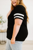 Black Plus Size Stripes Stitching Sleeve V Neck T-shirt