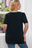 Black Plus Size Square Neck Ruched Shoulder Short Sleeve Top