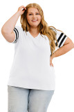 White Plus Size Stripes Stitching Sleeve V Neck T-shirt