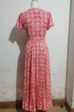 Printed Wrap V Neck Split Maxi Dress