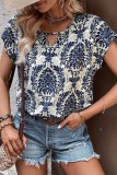 Printed Hollow Out Ve Neck Flare Sleeves Blouse