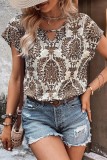 Printed Hollow Out Ve Neck Flare Sleeves Blouse