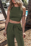 Jungle Green Solid Sleeveless Crop Top and Wide Leg Pants Set