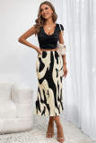 Black Colorblock Geometric Print Pleated Midi Skirt