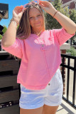 Pink Plus Size Waffle Knit Exposed Seam V Neck Henley T-shirt