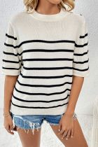 Buttoned Stripe Knit Short Sleeves Sweater 
