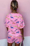 Pink Flower Print Short Sleeve High Waist Two Piece Shorts Set
