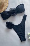Plain Strapless Rose Decor Bikini Set