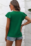 Dark Green Solid Color Textured Pleated Flutter Sleeve Blouse