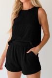 Black Corded Sleeveless Top and Pocketed Shorts Set