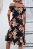Black Floral Cold Shoulder Split Dress 