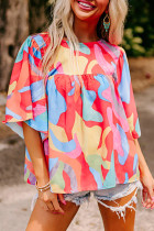 Multicolour Abstract Pattern Wide Sleeve Crew Neck Blouse