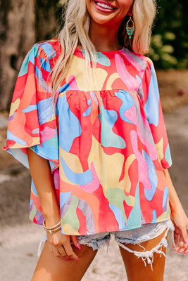 Multicolour Abstract Pattern Wide Sleeve Crew Neck Blouse