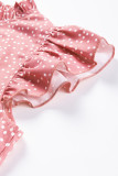 Pink Polka Dots Ruffle Flutter Sleeve Frilled Neck Blouse
