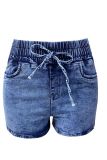 Washed Blue Elastic Waist Jeans Shorts
