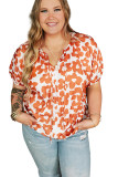 Orange Plus Size Floral Print Drawstring V Neck Short Sleeve Blouse