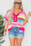 Rose Stripe Plus Size Textured Knit Short Sleeve Henley Top