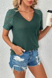V Neck Lace Sleeves Waffle Top 