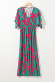 Sea Green Printed V Neck Short Sleeve Split Flared Maxi Dress