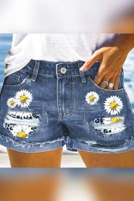 Sunflower Print Ripped Blue Jeans Shorts